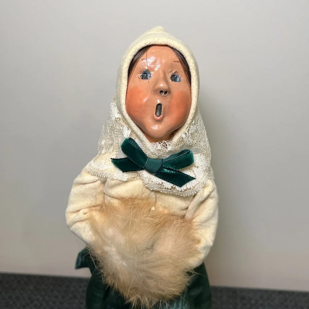 Vtg Choice Byers Carolers Girl, Blue Eyes, White Green Lace Dress, Fur muff, Bow
